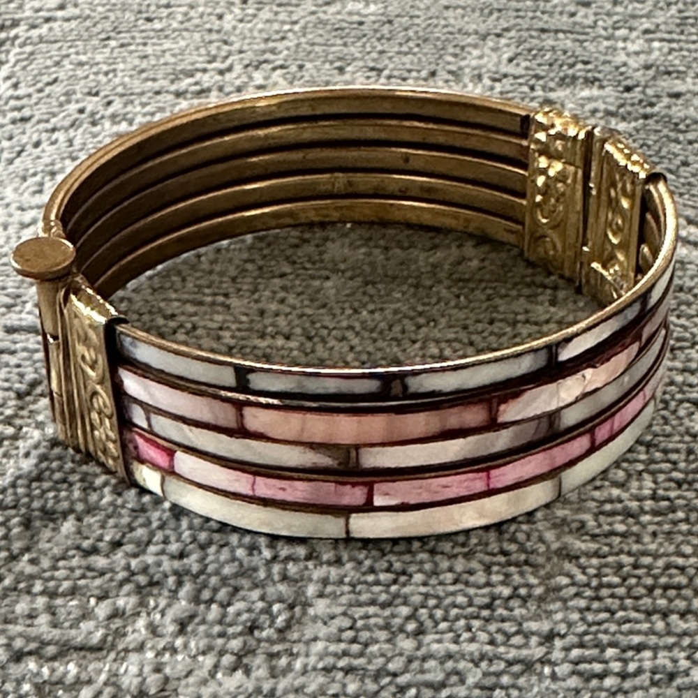 Brass and Mother of Pearl Hinged Bangle Bracelet